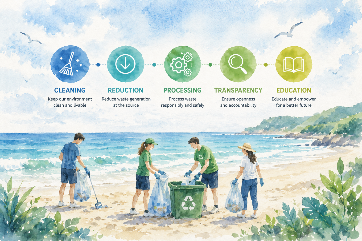 Coastal Cleaning and Maintenance Flowchart: Clean-up actions, data recording, classification, transportation, and proper treatment.